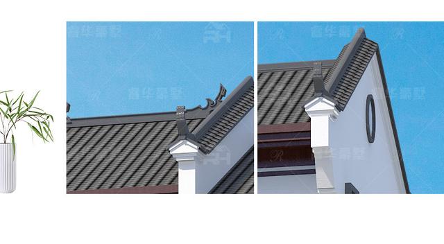 整體造型方正有序，青灰瓦鋪面屋頂古典韻味十足，搭配同色系仿石材外墻和紅棕色的窗柱門欄，處處透露著東方古典的清雅意境!