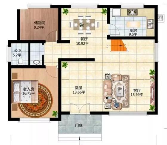 這款別墅根據(jù)農(nóng)村居住習(xí)慣設(shè)有堂屋神位，將品質(zhì)生活與傳統(tǒng)習(xí)俗相結(jié)合，適合廣大地區(qū)建造。