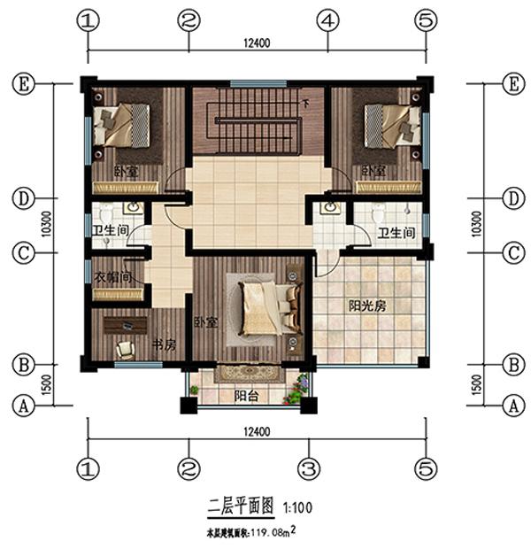 這款戶型是小編個(gè)人認(rèn)為最美的一款二層設(shè)計(jì)，美觀性和實(shí)用性兼顧，主體二十來萬在老家建一棟，肯定比其他人的都漂亮!