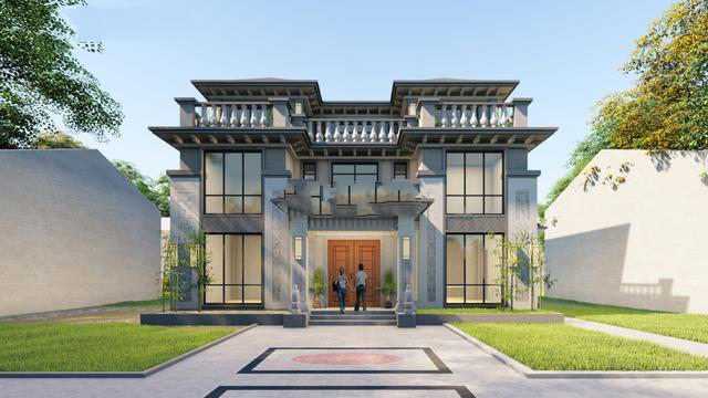建筑為新中式風(fēng)格，整體色調(diào)以簡(jiǎn)潔的高級(jí)灰為主，與周邊環(huán)境相呼應(yīng),新中式別墅外觀更加寬敞，美麗的風(fēng)景盡收眼底！