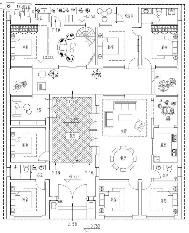 　別墅設(shè)計：一層緊湊型四合院，面積利用率高，適合在農(nóng)村地區(qū)修建。