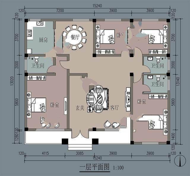 我向你們展示一套新農(nóng)村的平面圖，寬15米，深13米。它計(jì)劃建在豫北的農(nóng)村。這間公寓怎么樣？