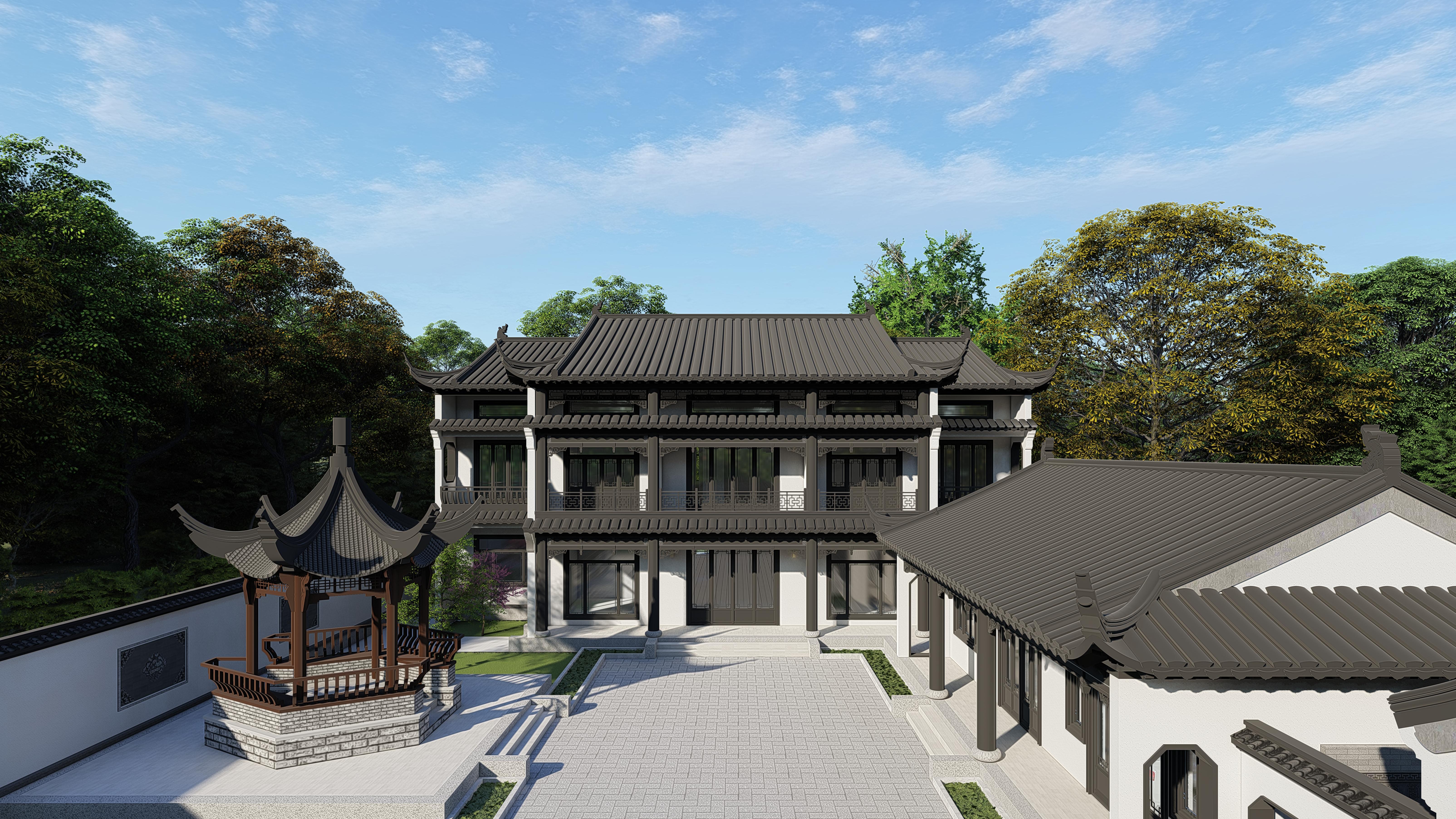 中式鄉(xiāng)村二層別墅建筑圖，帶院子的鄉(xiāng)村二層別墅設(shè)計(jì)分享